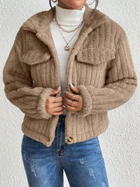 Thumbnail for Fuzzy Button Up Collared Neck Jacket