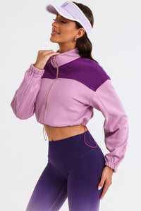 Thumbnail for Contrast Drawstring Zip Up Jacket