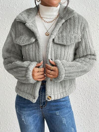 Thumbnail for Fuzzy Button Up Collared Neck Jacket