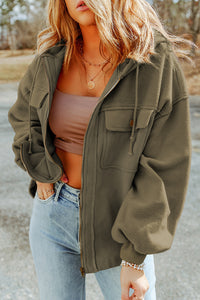 Thumbnail for Zip-Up Drawstring Hooded Jacket