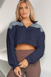 Thumbnail for Contrast Drawstring Zip Up Jacket