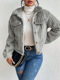 Thumbnail for Fuzzy Button Up Collared Neck Jacket