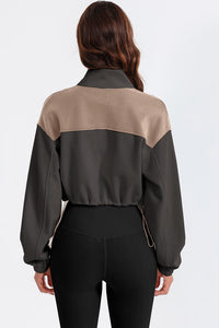 Thumbnail for Contrast Drawstring Zip Up Jacket
