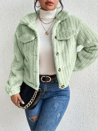 Thumbnail for Fuzzy Button Up Collared Neck Jacket