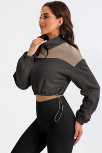 Thumbnail for Contrast Drawstring Zip Up Jacket