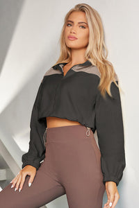 Thumbnail for Contrast Drawstring Zip Up Jacket