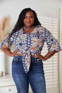 Thumbnail for Double Take Tie Hem V-Neck Three-Quarter Sleeve Blouse