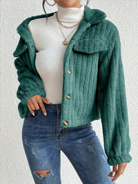 Thumbnail for Fuzzy Button Up Collared Neck Jacket