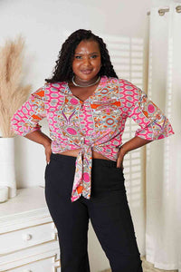 Thumbnail for Double Take Tie Hem V-Neck Three-Quarter Sleeve Blouse