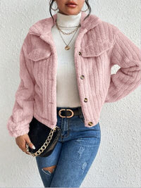 Thumbnail for Fuzzy Button Up Collared Neck Jacket