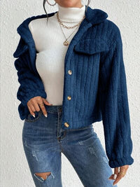 Thumbnail for Fuzzy Button Up Collared Neck Jacket