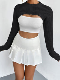 Thumbnail for Distressed Long Sleeve Cropped Sweater
