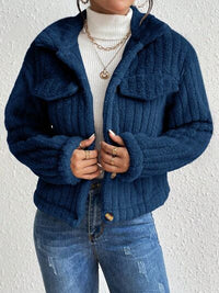 Thumbnail for Fuzzy Button Up Collared Neck Jacket