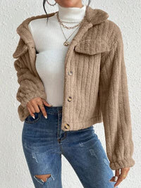 Thumbnail for Fuzzy Button Up Collared Neck Jacket