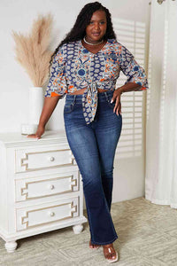 Thumbnail for Double Take Tie Hem V-Neck Three-Quarter Sleeve Blouse
