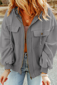 Thumbnail for Zip-Up Drawstring Hooded Jacket