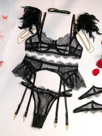 Thumbnail for Lace Feather Detail Three-Piece Lingerie Set