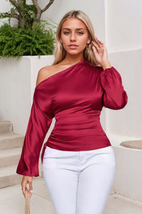 Thumbnail for Drawstring One Shoulder Long Sleeve Blouse