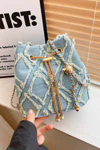 Thumbnail for Chain Drawstring Raw Edge Denim Bucket Bag