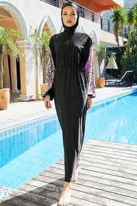 Thumbnail for Cap, Drawstring Printed Long Sleeve Dress and Pants Swim Set