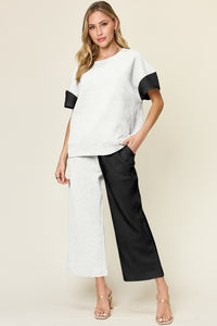 Thumbnail for Double Take Full Size Texture Contrast T-Shirt and Wide Leg Pants Set