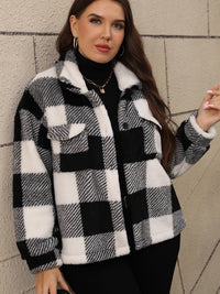 Thumbnail for Plus Size Pocketed Plaid Collared Neck Jacket