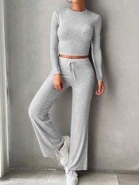 Thumbnail for Round Neck Long Sleeve Top and Drawstring Pants Set