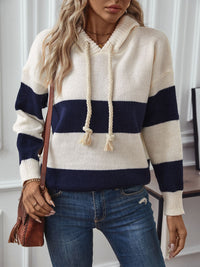 Thumbnail for Drawstring Contrast Stripe Dropped Shoulder Hooded Sweater