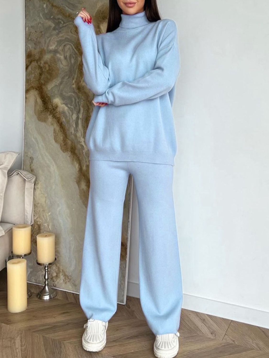 Turtleneck Long Sleeve Top and Drawstring Pants Sweater Set