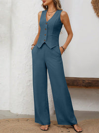 Thumbnail for V-Neck Button Down Vest and Wide Leg Pants Set