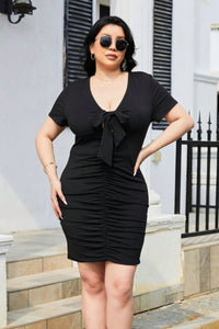 Thumbnail for Plus Size Ruched Tied Short Sleeve Mini Dress