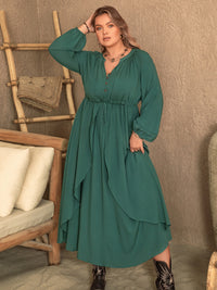 Thumbnail for Plus Size Notched Layered Balloon Sleeve Midi Dress