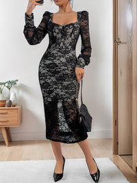 Thumbnail for Perfee Lace Sweetheart Neck Long Sleeve Midi Dress