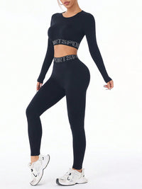 Thumbnail for Letter Print Round Neck Long Sleeve Top and Leggings Active Set