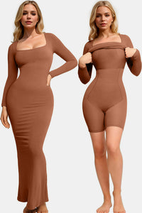 Thumbnail for Basic Bae Built-In Shapewear Square Neck Long Sleeve Maxi Dress