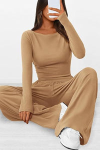 Thumbnail for Round Neck Long Sleeve Top and Pants Set