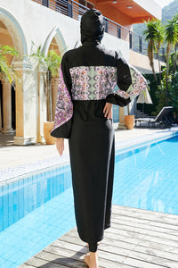 Thumbnail for Cap, Drawstring Printed Long Sleeve Dress and Pants Swim Set