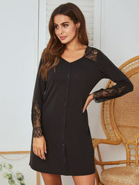 Thumbnail for Lace Detail Long Sleeve Mini Lounge Dress