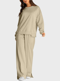 Thumbnail for Round Neck Long Sleeve Top and Slit Pants Set