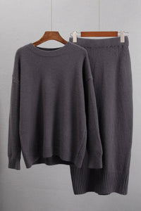 Thumbnail for Round Neck Dropped Shoulder Top and Skirt Sweater Set