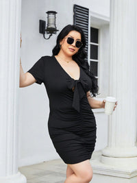 Thumbnail for Plus Size Ruched Tied Short Sleeve Mini Dress