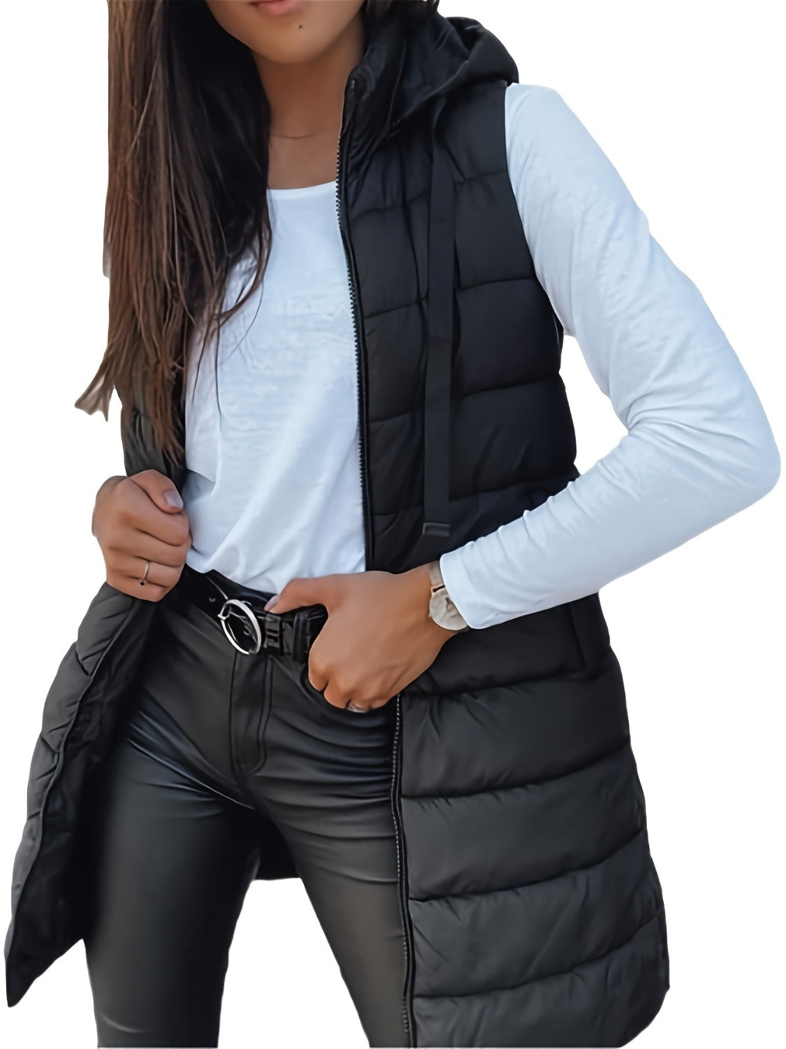 Plus Size Zip Up Hooded Vest Coat