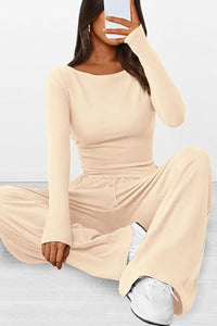 Thumbnail for Round Neck Long Sleeve Top and Pants Set