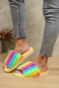 Thumbnail for Color Block Open Toe Faux Fur PVC Slippers