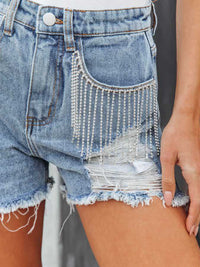 Thumbnail for Distressed Fringe Denim Shorts with Pockets