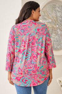Thumbnail for Plus Size Printed Notched Long Sleeve Blouse