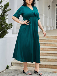 Thumbnail for Plus Size Slit Surplice Short Sleeve Midi Dress