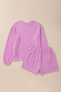 Thumbnail for Round Neck Long Sleeve Top and Shorts Set