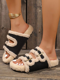 Thumbnail for Faux Fur Contrast Open Toe Slippers