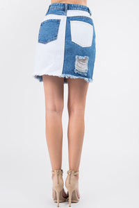 Thumbnail for American Bazi Contrast Patched Frayed Denim Distressed Skirts